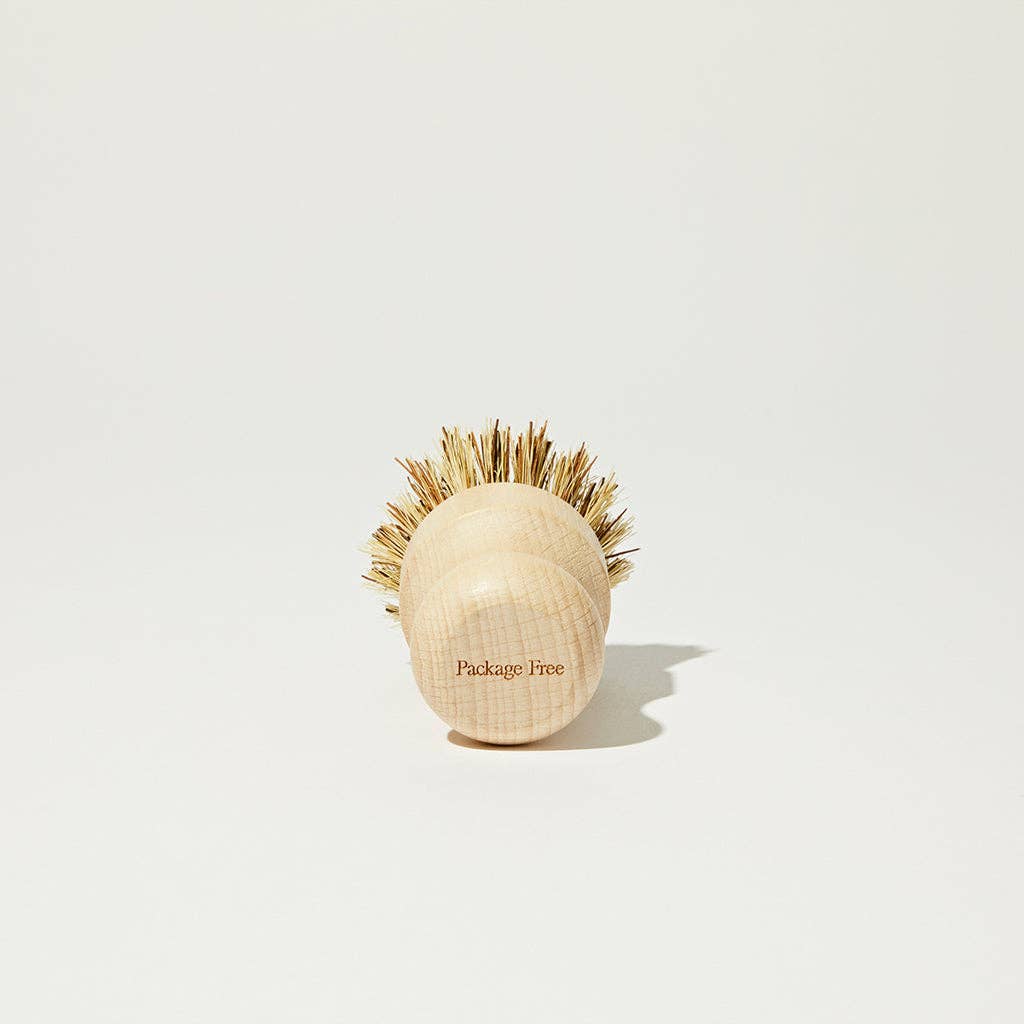 Circular wooden scrub brush with natural bristles and short handle.