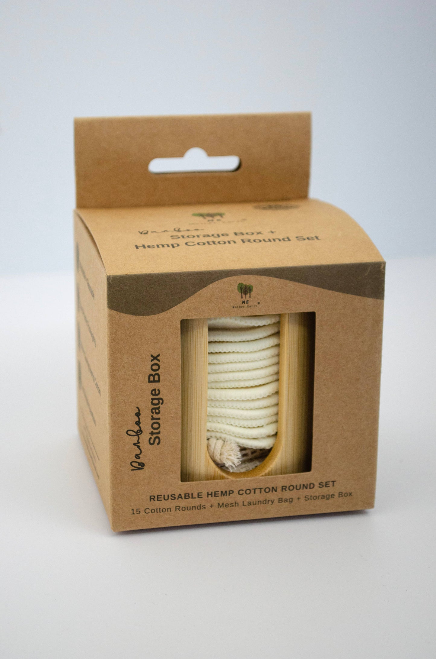 Storage box packaging with stacked reusable hemp cotton rounds inside window