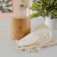 Bamboo storage box with stacked hemp cotton rounds; one round laid on top
