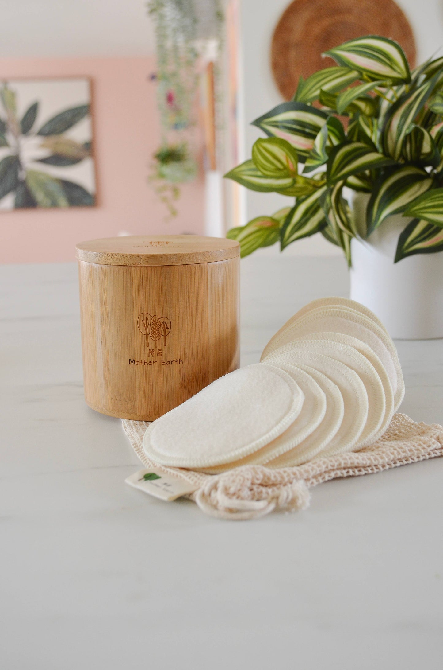 Bamboo storage box with stacked hemp cotton rounds; one round laid on top