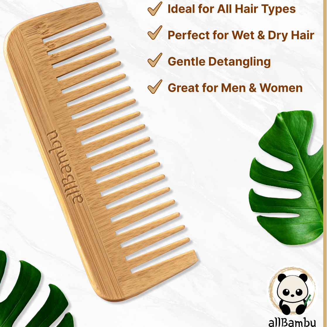 Bamboo wide-tooth comb, angled with long teeth