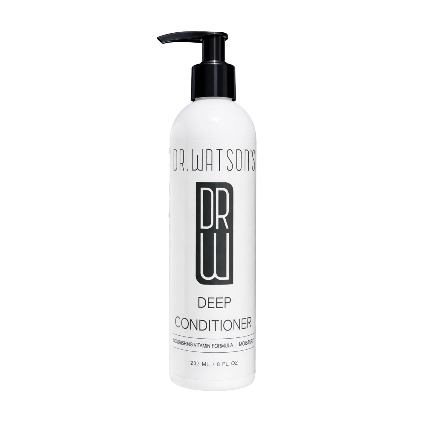 Dr. Watson's Deep Conditioner pump bottle, white plastic with black label