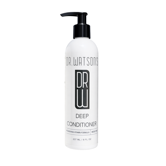 Dr. Watson's Deep Conditioner pump bottle, white plastic with black label