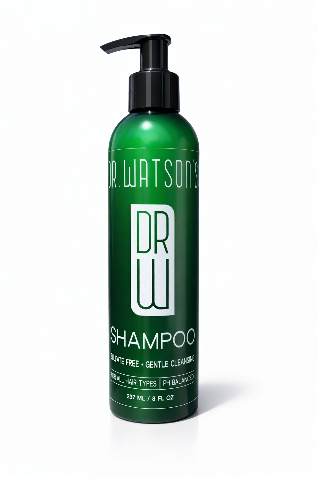 Green shampoo bottle with black pump, Dr. Watson's label on front
