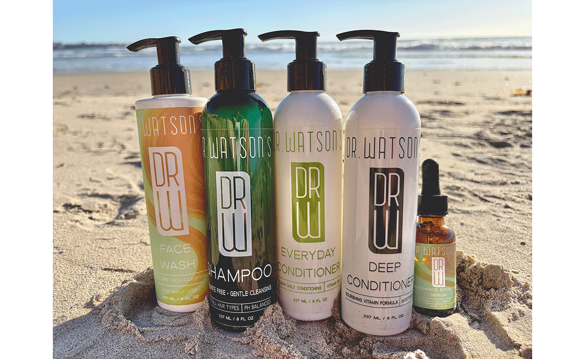 Dr. Watson's Face Flow Glow System bottles: face wash, shampoo, conditioner, deep conditioner