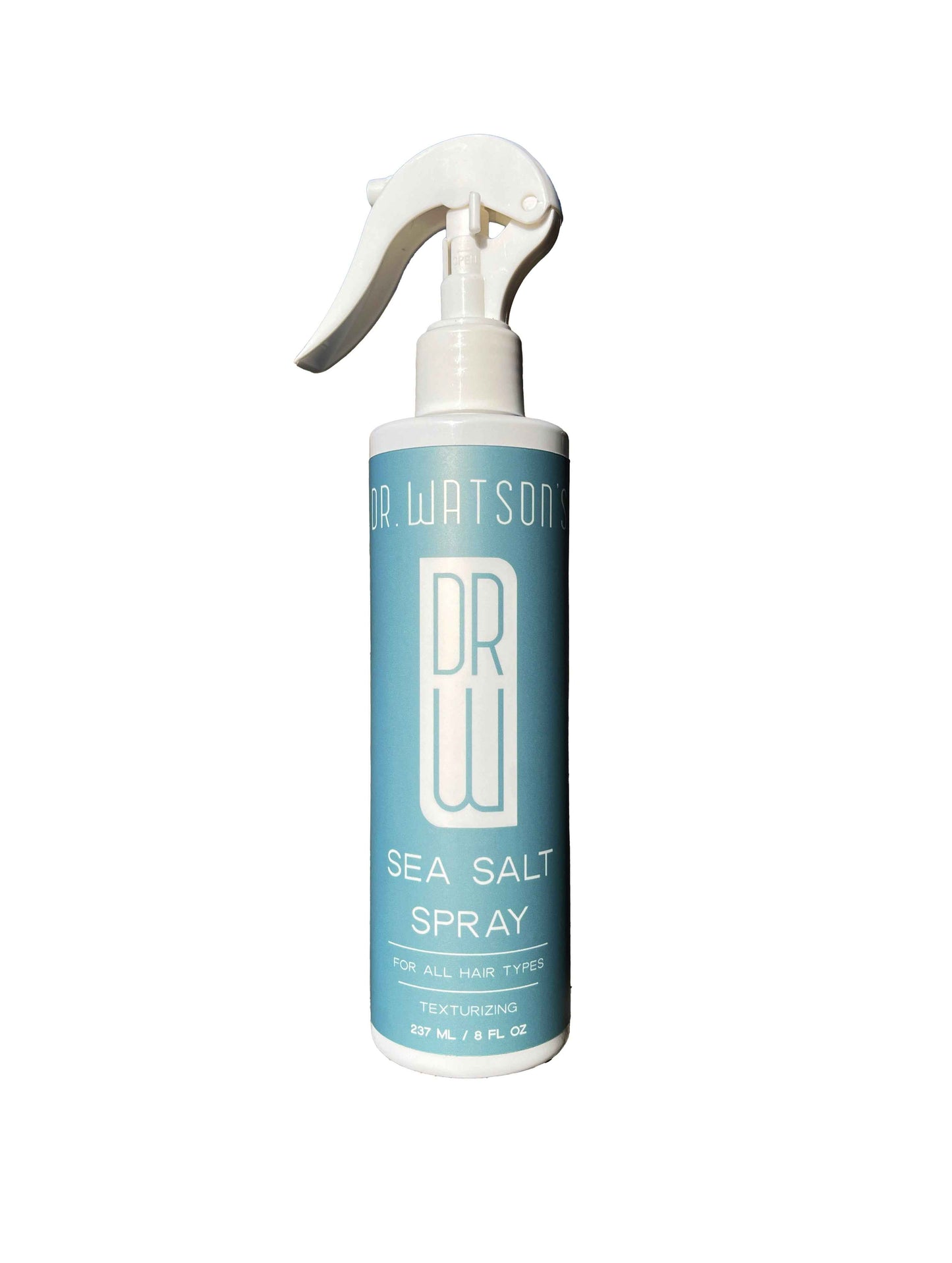 Sea salt spray bottle with white trigger sprayer, blue label, Dr. Watson branding