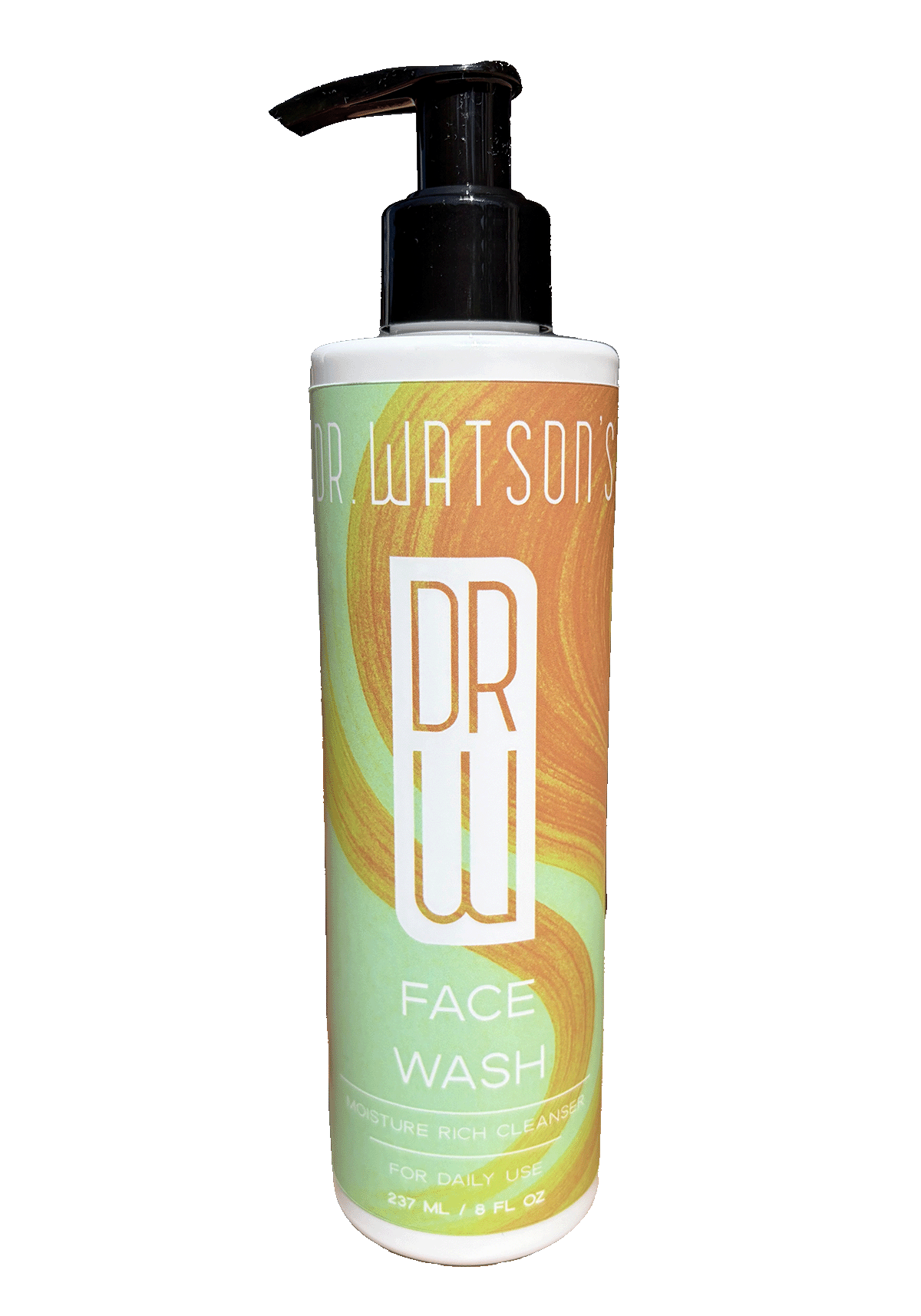 Face wash bottle with black pump; frosted bottle and lemon-themed label
