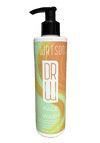 Face wash bottle with black pump; frosted bottle and lemon-themed label