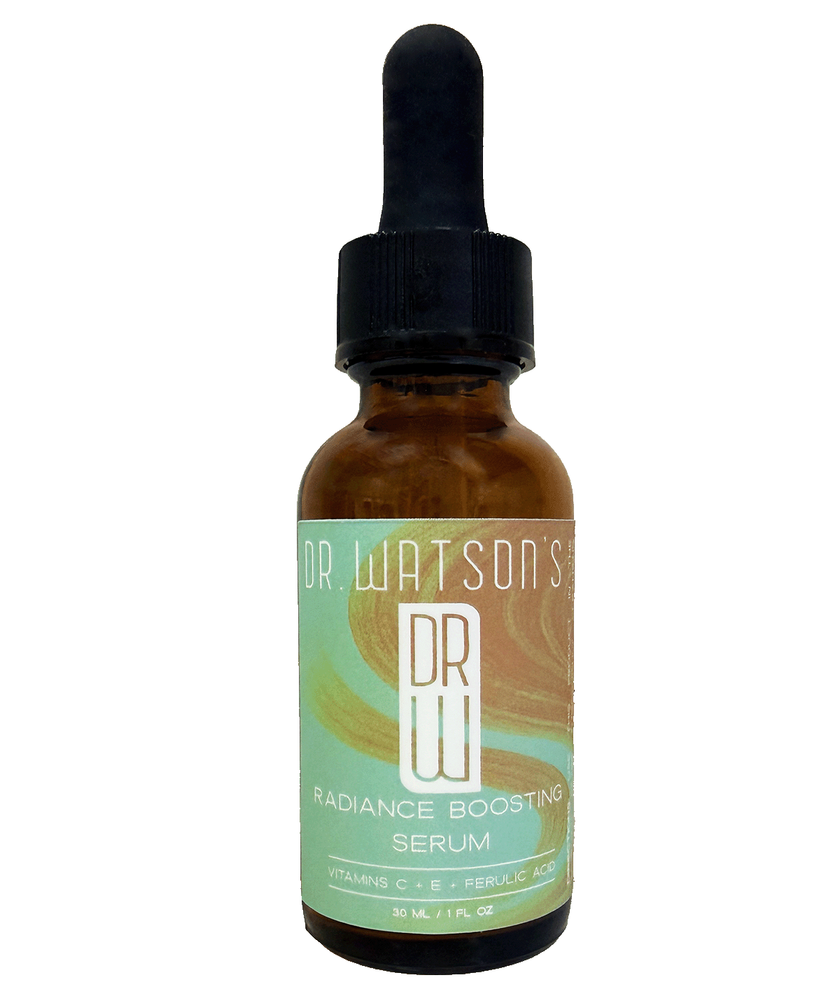 Dr. Watson's Vitamin C serum bottle with dropper, amber glass and green label