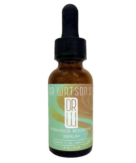Dr. Watson's Vitamin C serum bottle with dropper, amber glass and green label