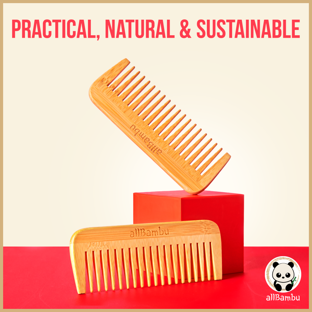 Bamboo wide-tooth comb in natural bamboo, two combs shown