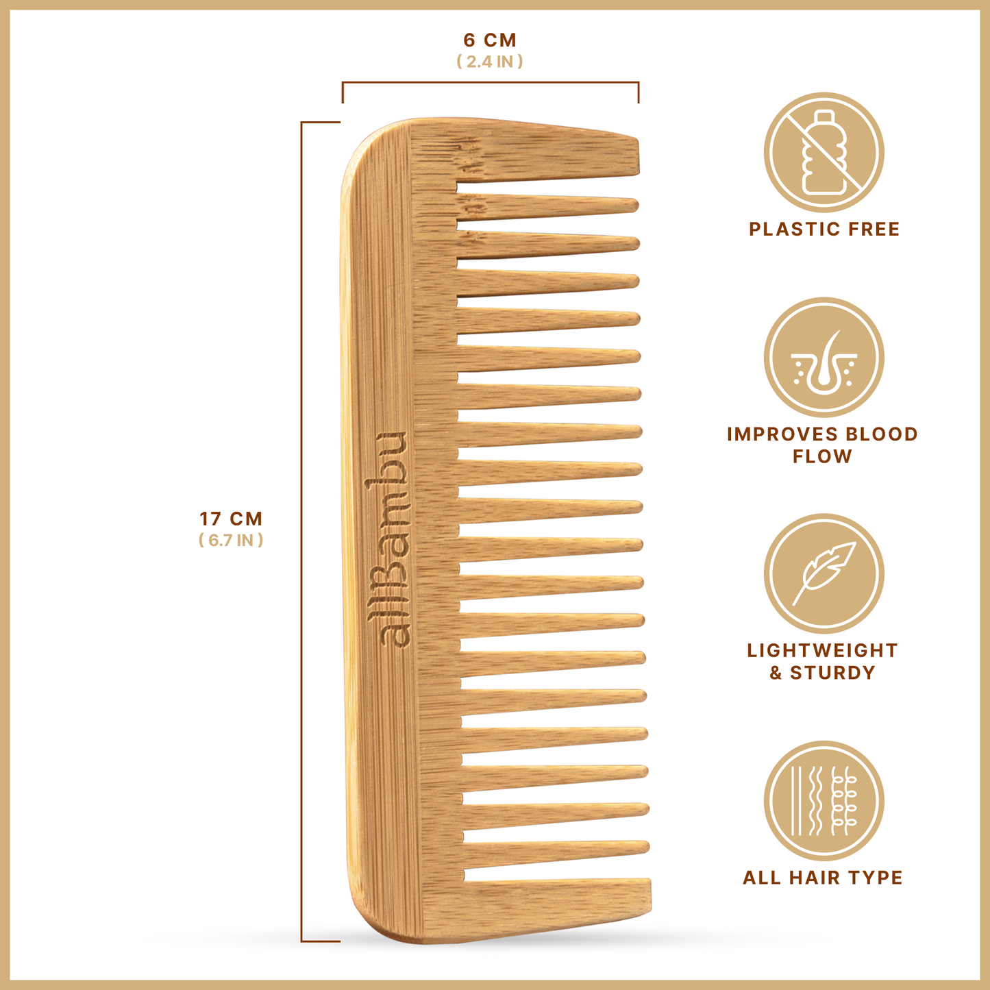 Bamboo wide tooth comb with wide teeth and measurement outline