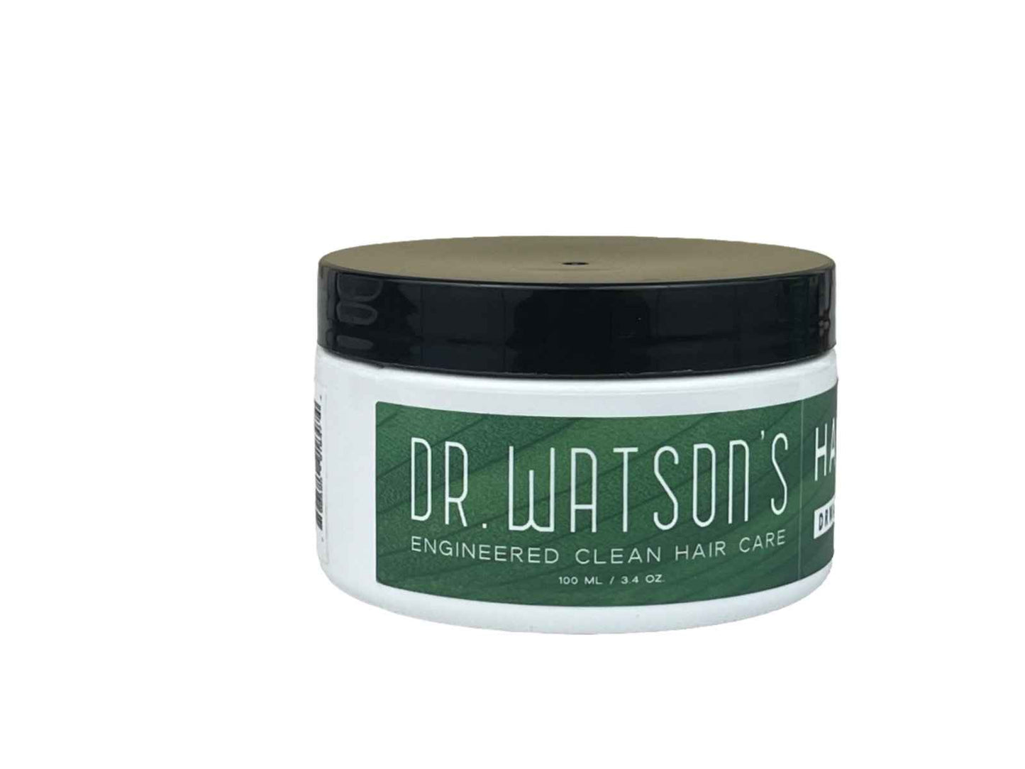 Dr. Watson's hair cream jar close-up with black lid and green label.