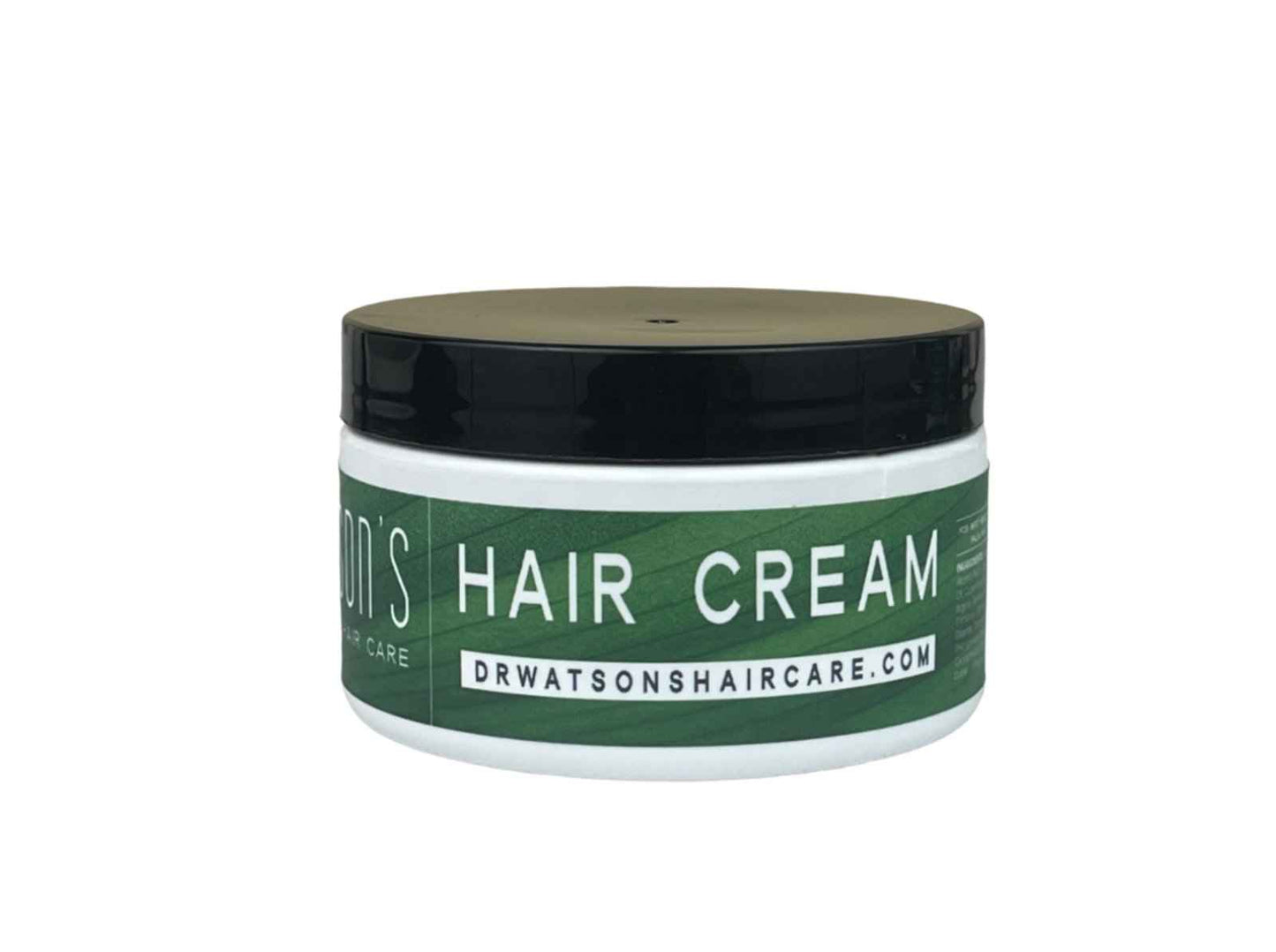 Dr. Watson's hair cream jar with black lid, white base and green label.
