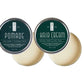 Hair styling sample tins: pomade and hair cream, dark lids with white labels