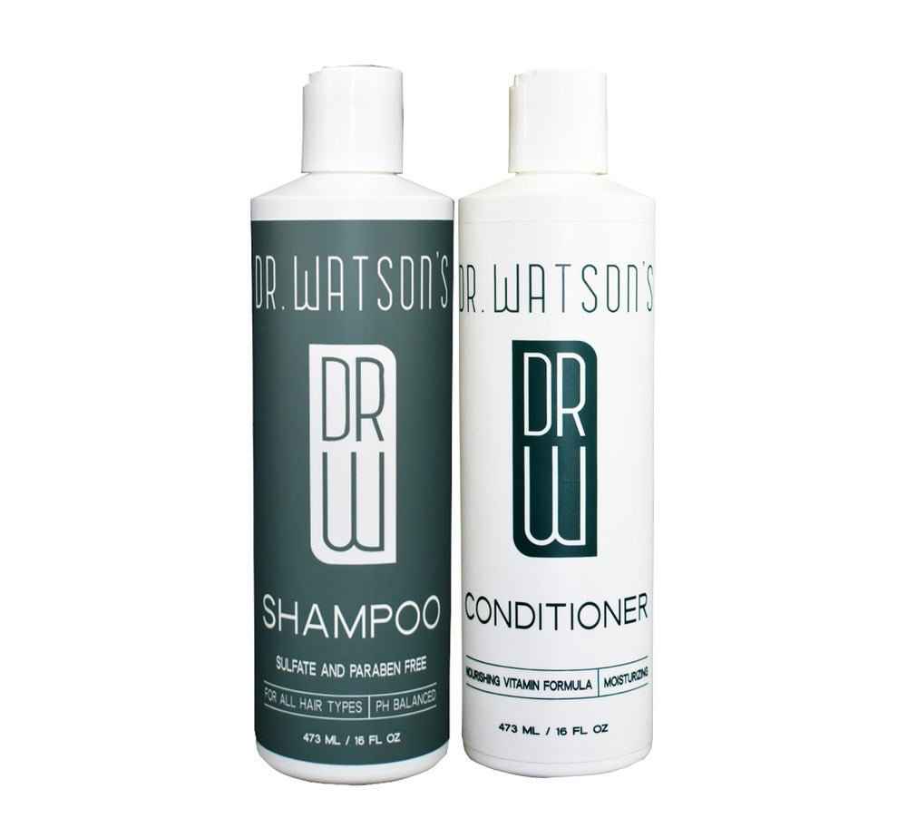 Dr. Watson's shampoo and conditioner bottles, dark and white