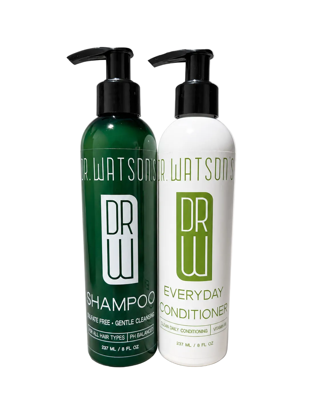 Dr. Watson's shampoo and everyday conditioner duo: green & white pump bottles