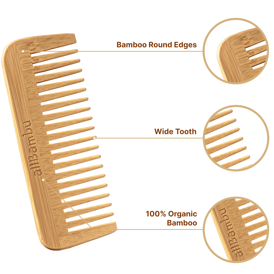 Wide-tooth bamboo comb with rounded edges