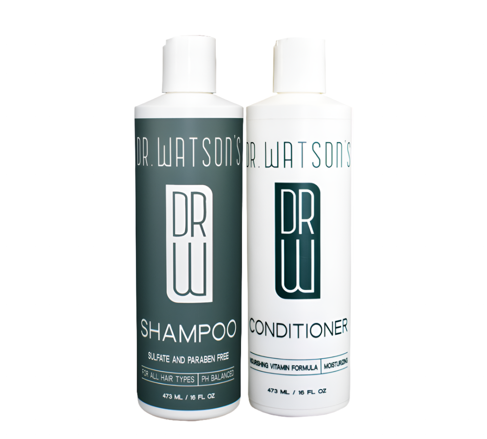 Shampoo and conditioner duo bottles with Dr. Watson's dark green labels