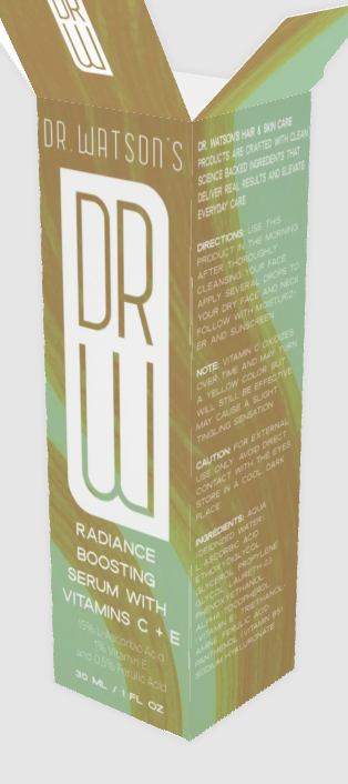 Radiance Boosting serum carton with green ingredient panel and Dr. Watson’s branding