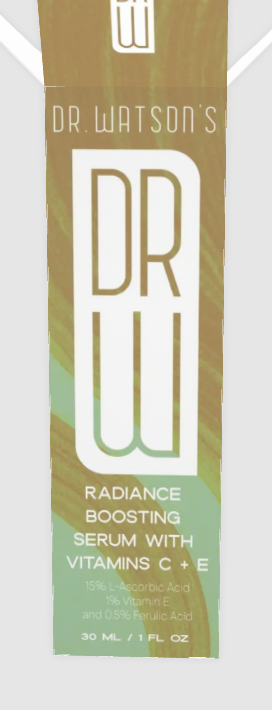 Radiance Boosting serum carton with Dr. Watson’s logo and vitamin C panel