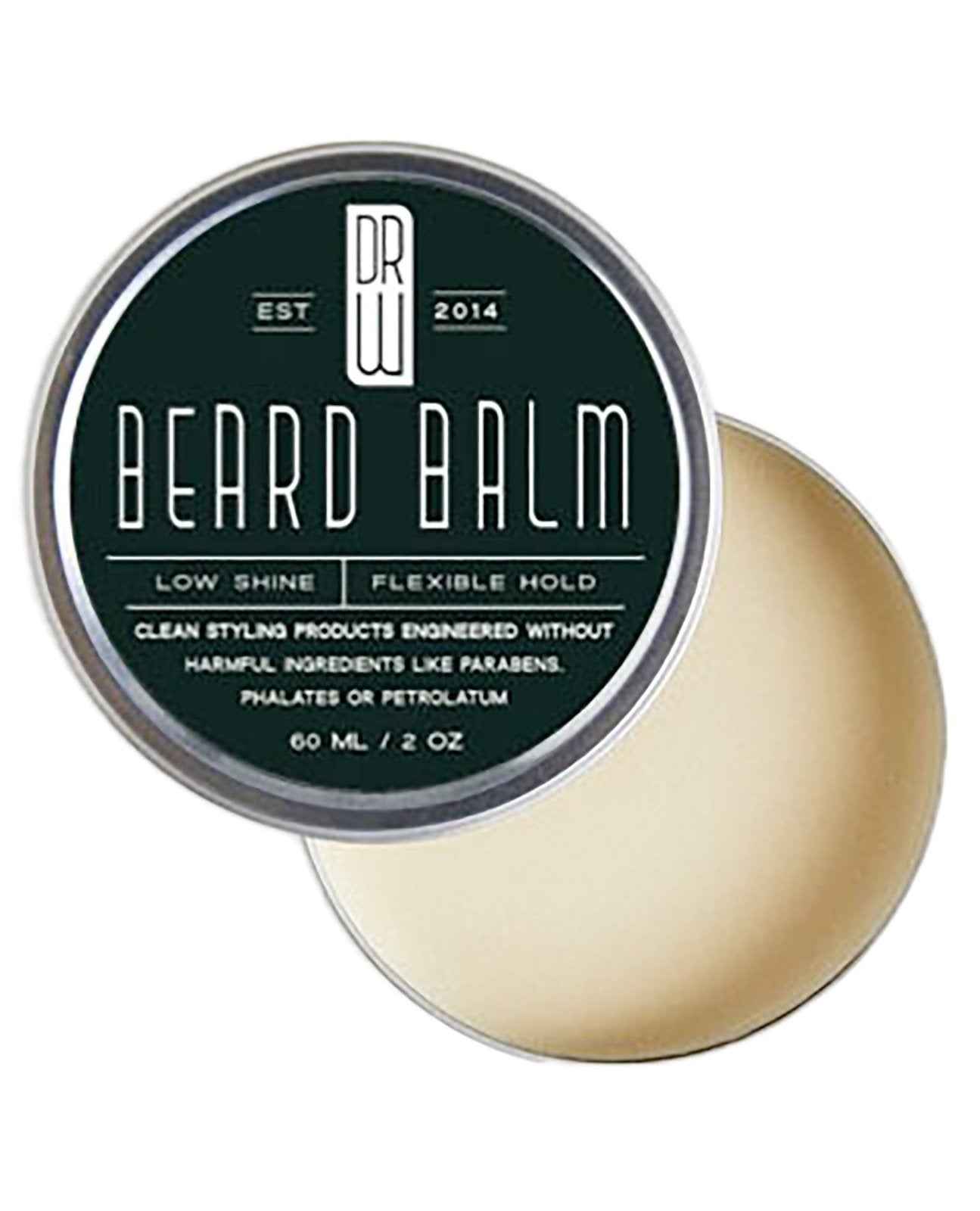 Dr. Watson's beard balm tin, green lid with 'LOW SHINE' and 'FLEXIBLE HOLD'.