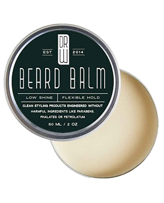 Dr. Watson's beard balm tin, green lid with 'LOW SHINE' and 'FLEXIBLE HOLD'.