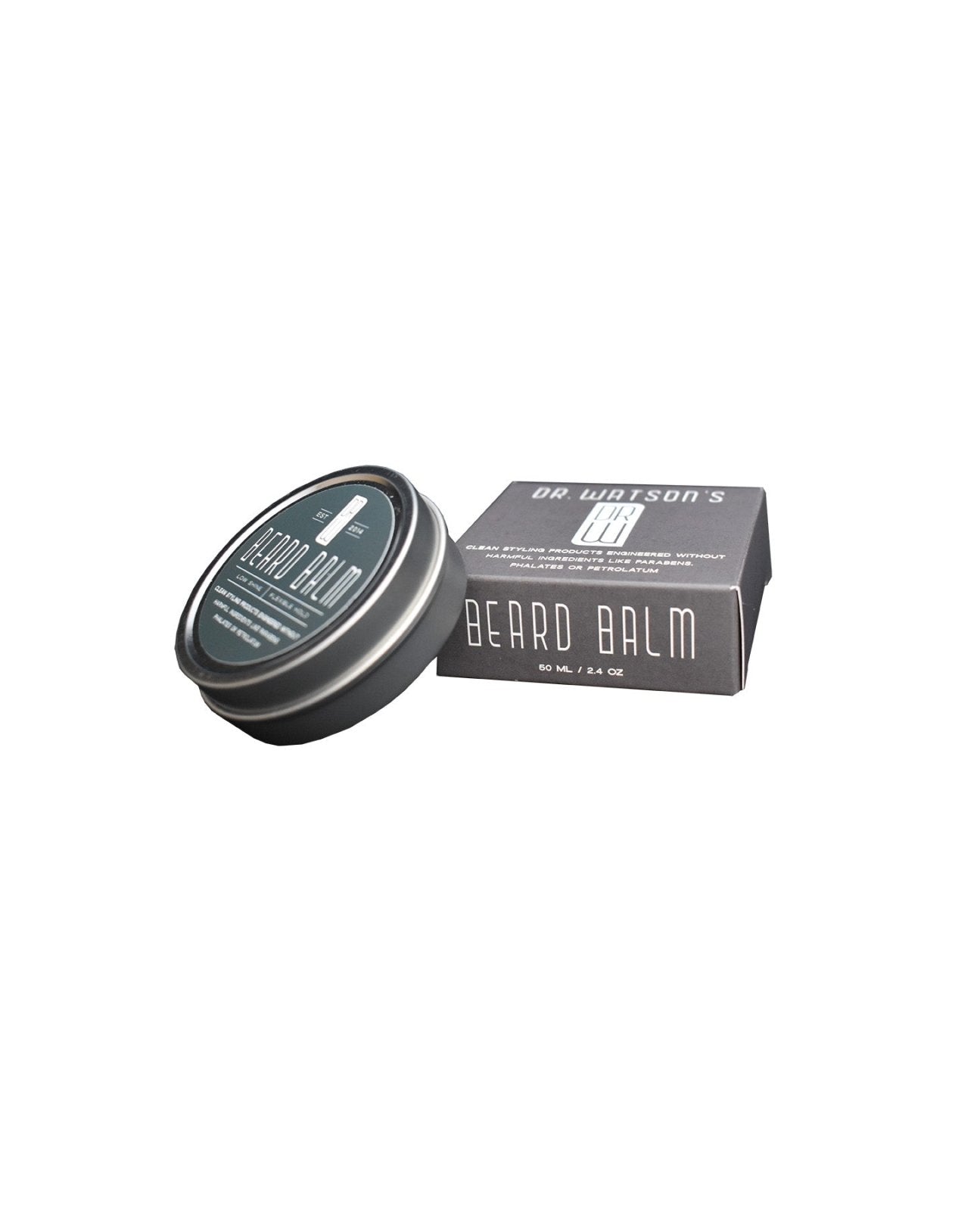 Dr. Watson's beard balm tin and box, gray with 'BEARD BALM' label.