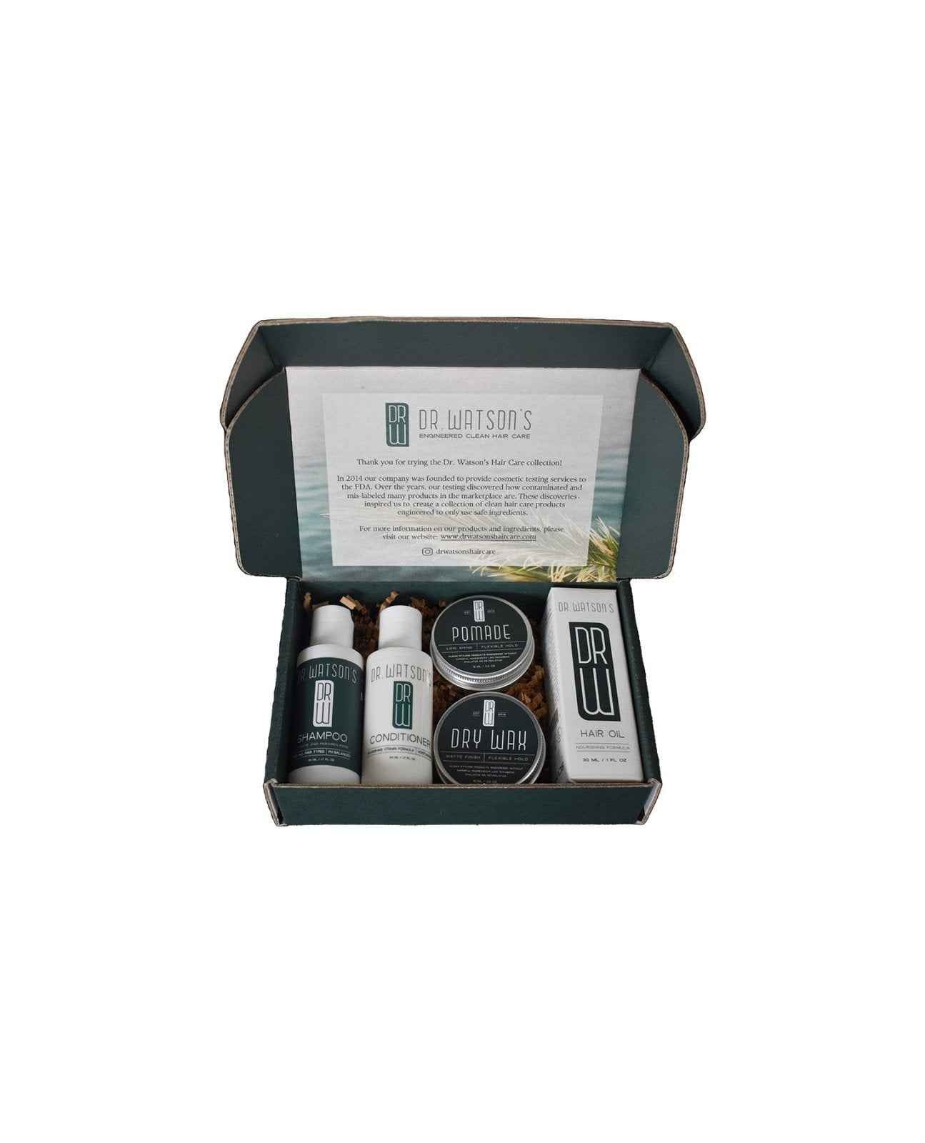 Dr. Watson's collection box open with five hair care bottles and jars