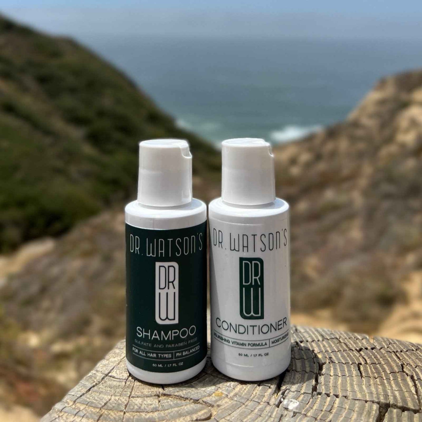 Dr. Watson's shampoo and conditioner travel bottles, white caps, 2 oz each