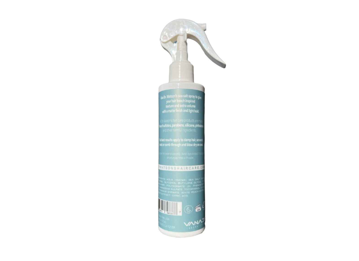 Sea salt spray bottle with white trigger sprayer and blue back label