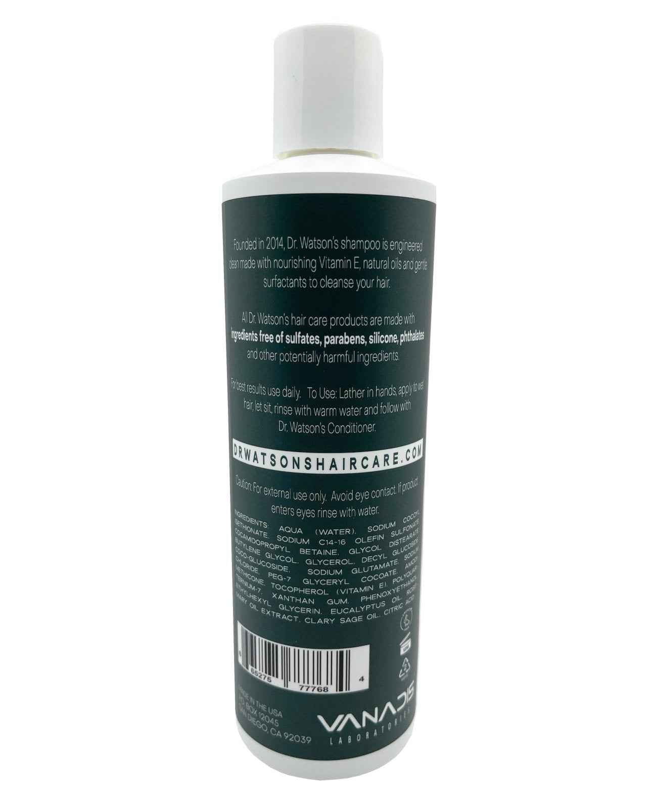 Dr. Watson's sulfate-free shampoo bottle back label, 16 oz, white cap