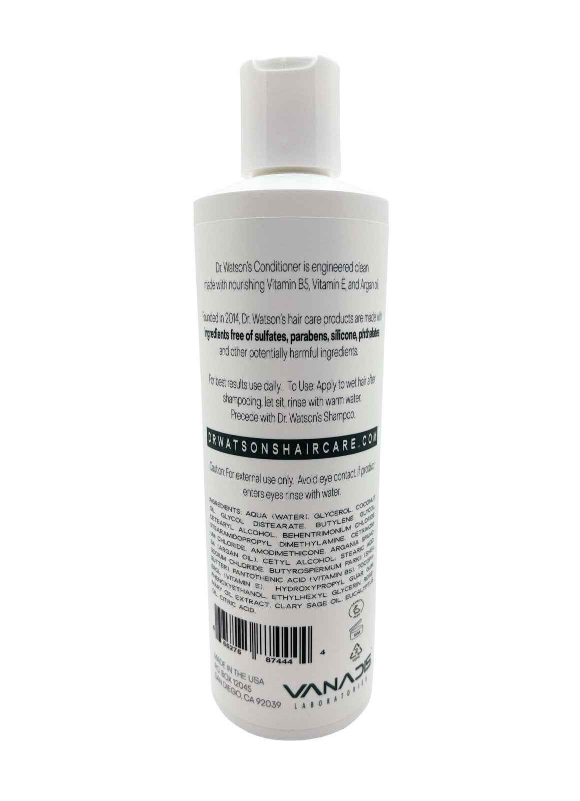 Dr. Watson's conditioner bottle back label view, white bottle with pump cap