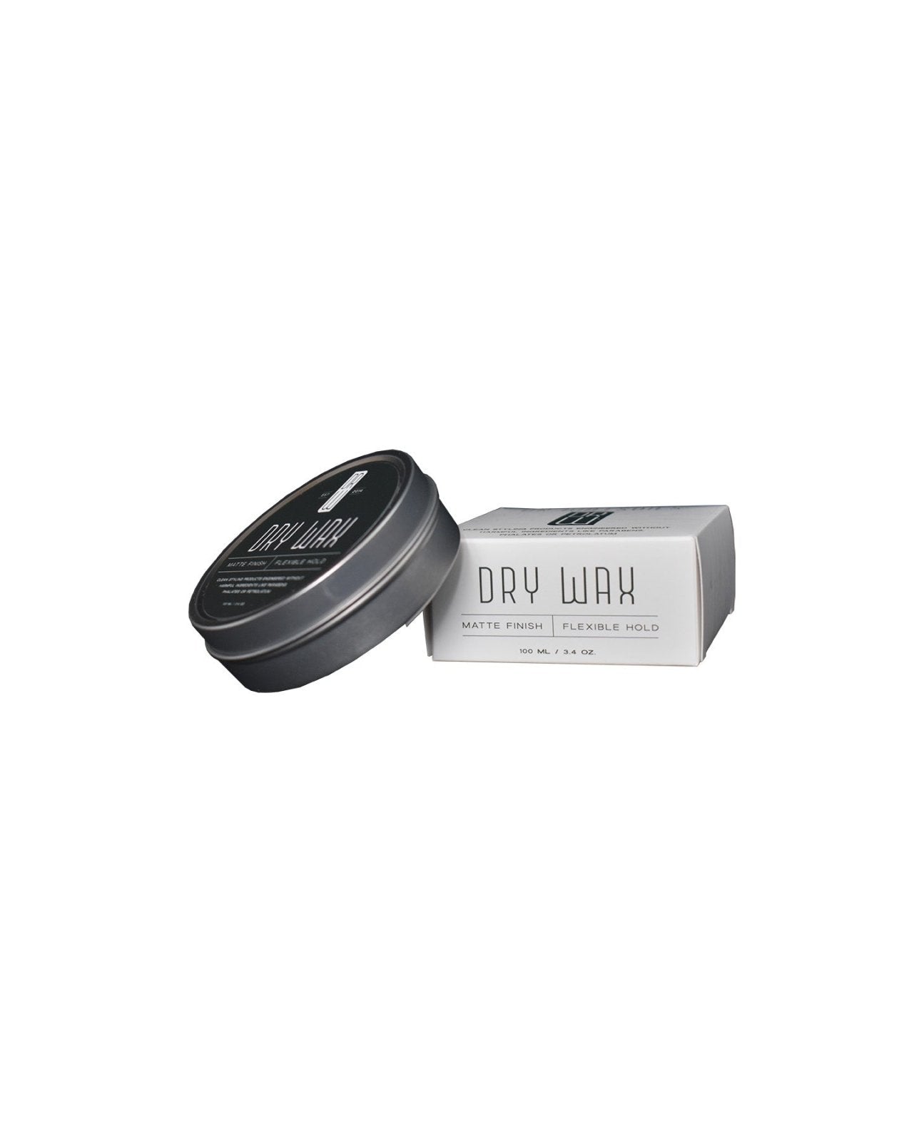 Hair dry wax jar with black lid and white product box