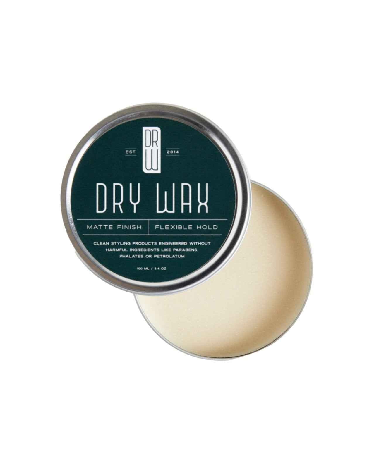 Hair dry wax tin with teal label and silver lid, matte finish