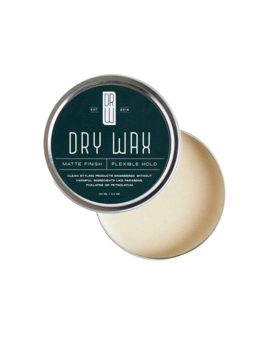 Hair dry wax tin with teal label and silver lid, matte finish