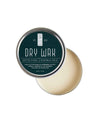 Hair dry wax tin with teal label and silver lid, matte finish