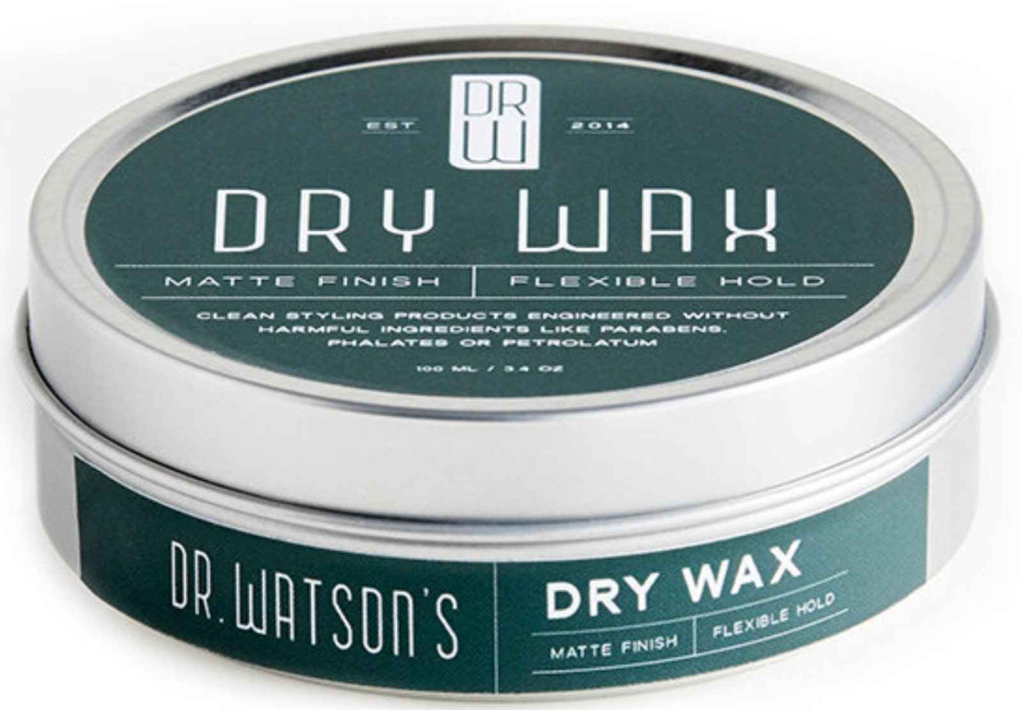 Hair dry wax tin with teal side band and silver rim, matte finish