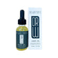 Hair oil bottle and box, dark blue dropper with yellow oil, white package