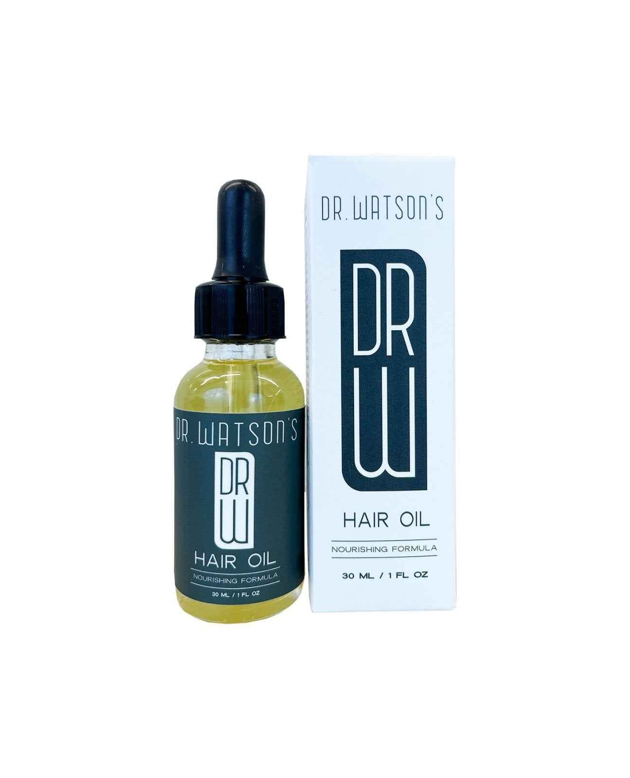 Hair oil bottle and box, dark blue dropper with yellow oil, white package