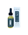 Hair oil bottle and box, dark blue dropper with yellow oil, white package