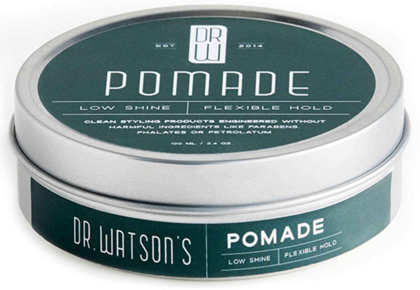 Hair pomade tin with dark green label, silver top and metal rim