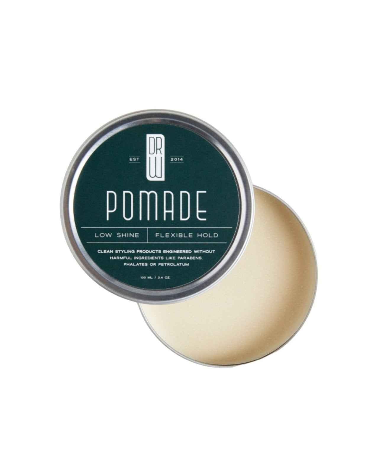 Hair pomade jar with dark green lid and silver rim, open side visible