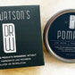 Hair pomade tin and box set with dark green branding