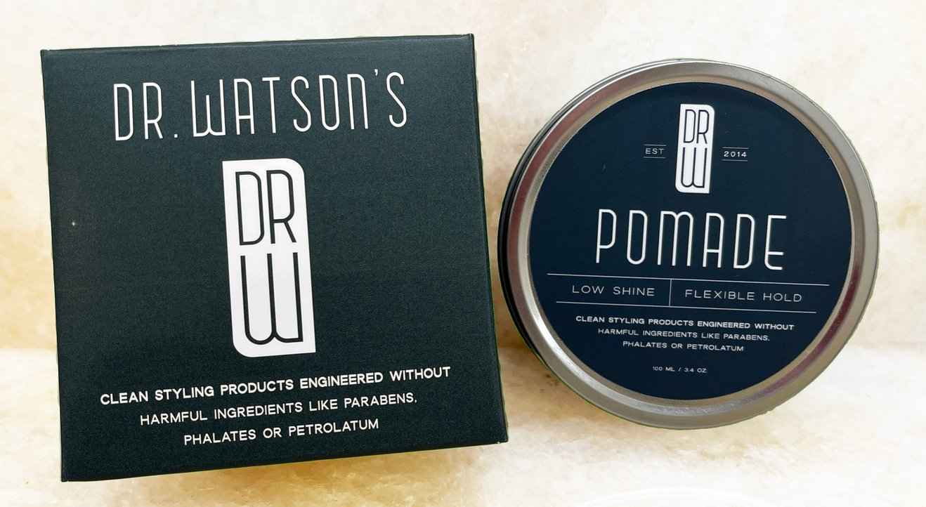 Hair pomade tin and box set with dark green branding