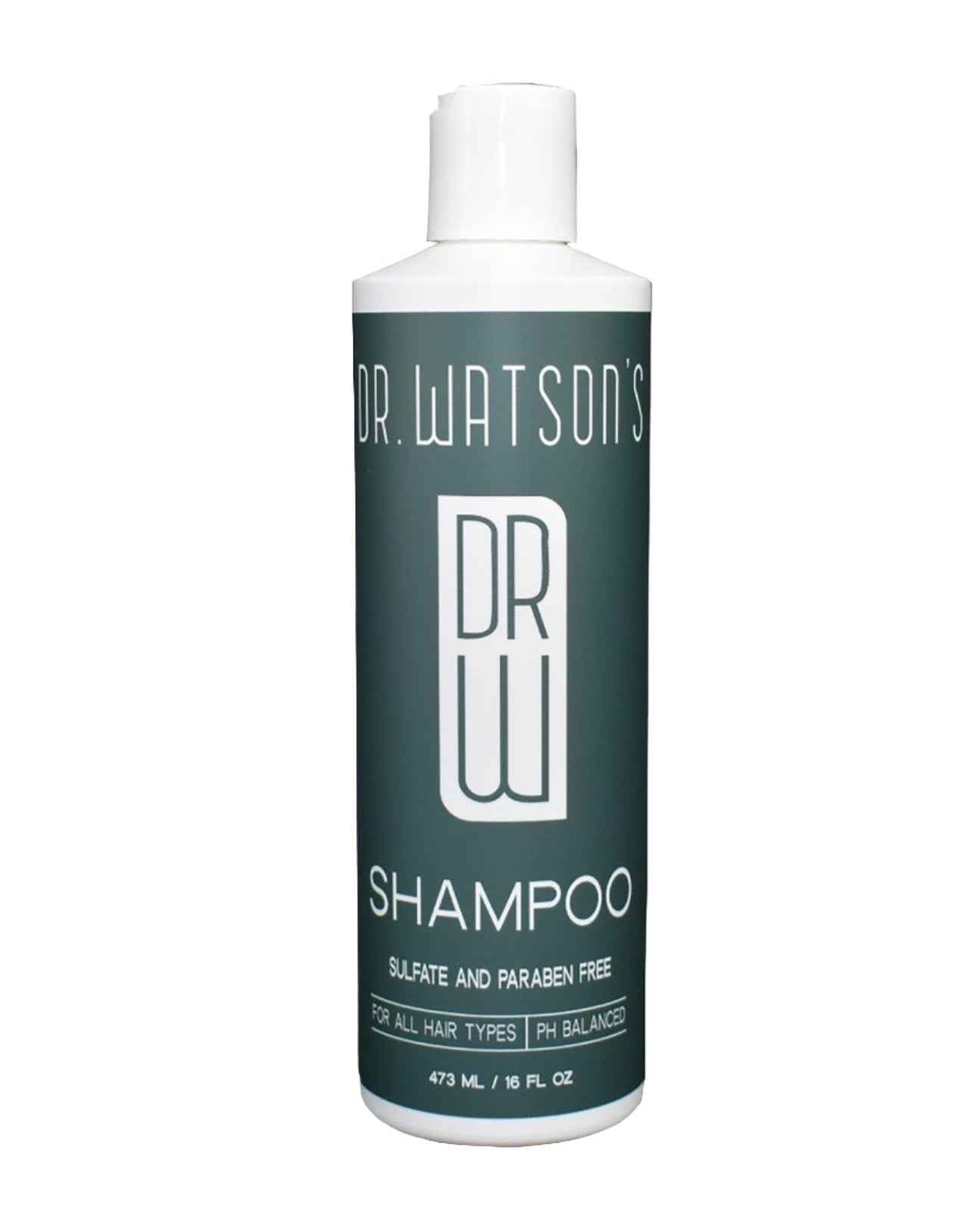 Dr. Watson's sulfate-free shampoo bottle, 16 oz, teal label, white cap